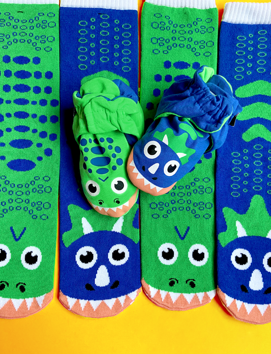 T-REX & TRICERATOPS DINOSAUR DAD OR MOM AND ME BABY BOOTIE & SOCK SET